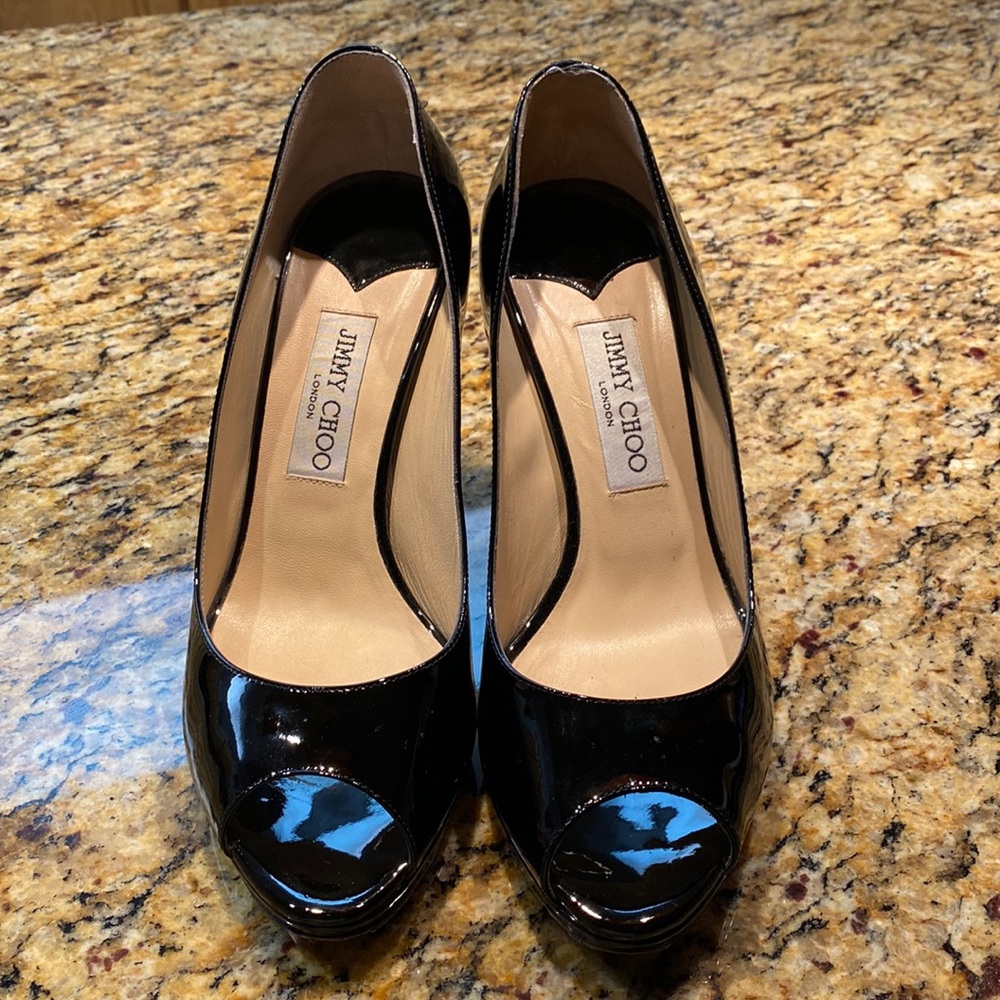 Jimmy Choo Black Leather peep-toe heels